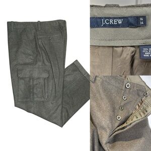 J. Crew Men's 75% WOOL Army Green Cargo Pants cuffed w button fly 36/30